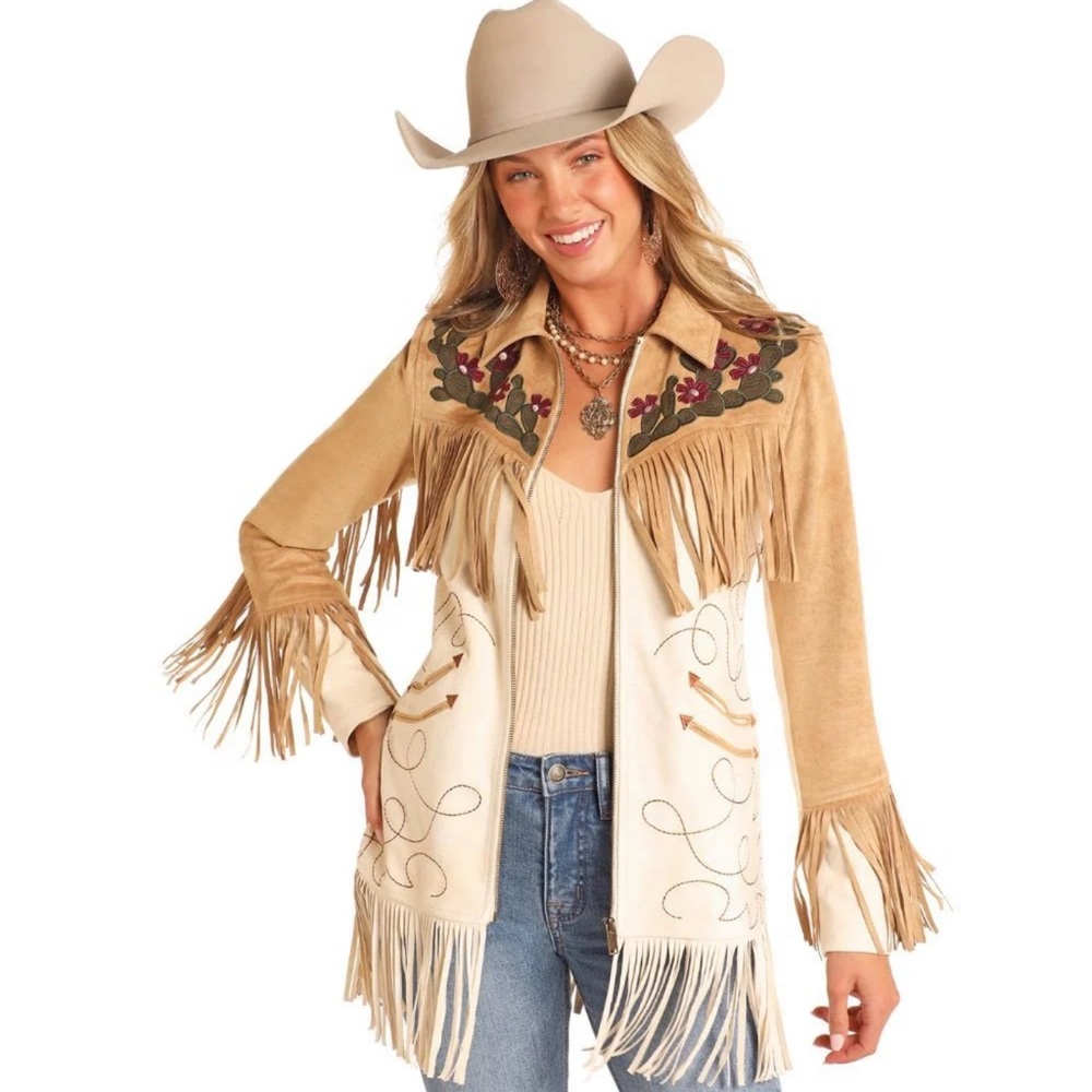 Women's Tan and Cream Fringe Teddy Jacket